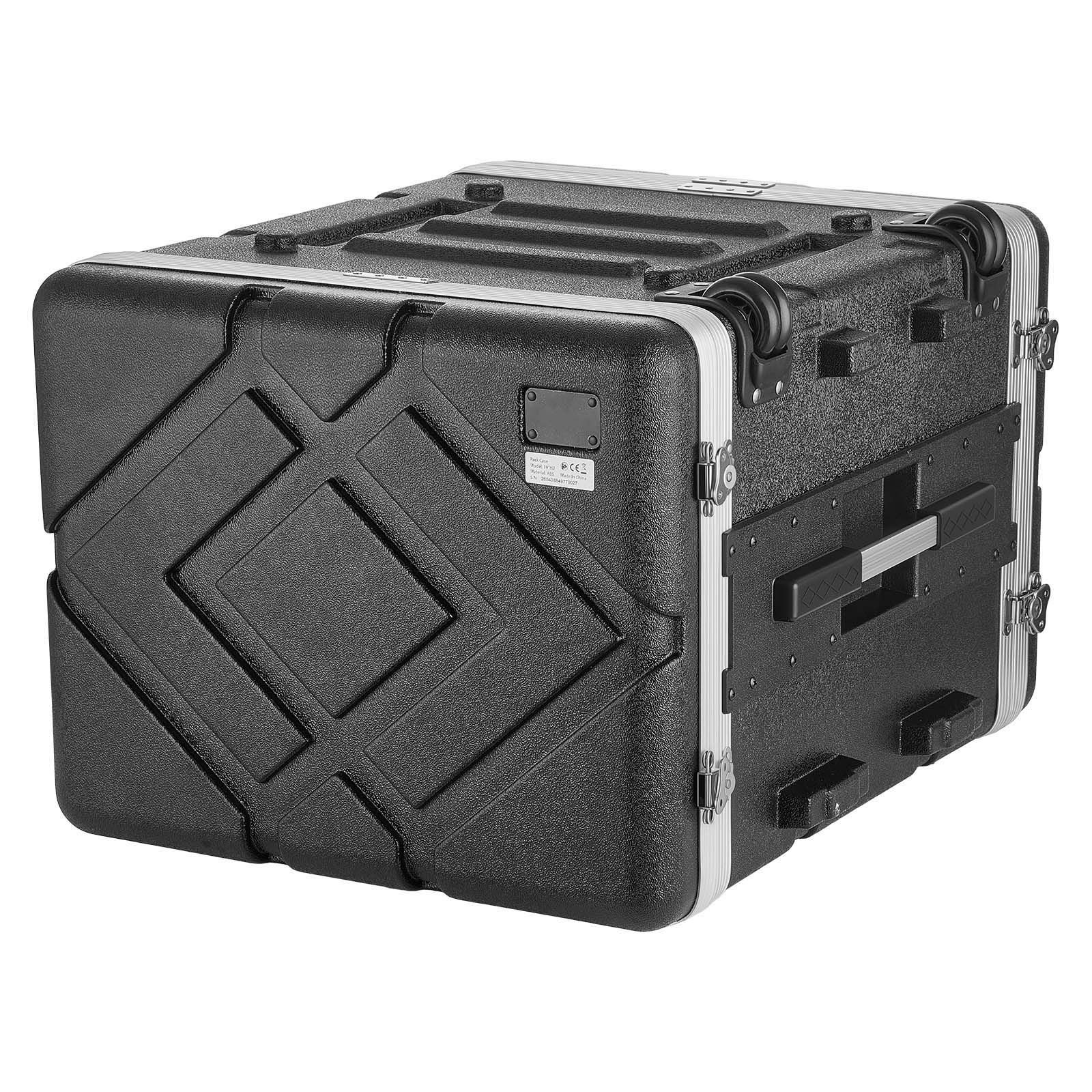 8u rack case, standard 19 in depth, rolling server cabinet with wheels, abs construction, retractable handle, latches, for amplifier (7u rack space + 1u wheel space), 18.4 in internal depth