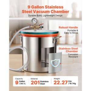 9 gallon vacuum chamber, stainless steel, vacuum degassing chamber with tempered glass lid, hose, air filter, for resin casting, stabilizing wood, degassing silicone, epoxies, essential oils