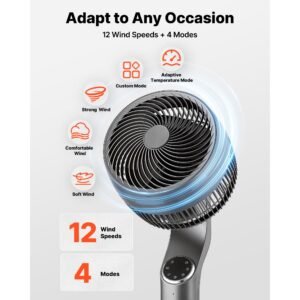 9 inch pedestal fan, 80° oscillating standing floor fan with quite dc motor, remote control, 9 speeds & 4 smart modes, 24h timer, adjustable height, for home, bedroom, living room, silver gray