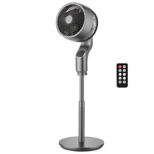 9-Inch Pedestal Fan, 80° Oscillating Standing Floor Fan with Quite DC Motor, Remote Control, 9 Speeds & 4 Smart Modes, 24H Timer, Adjustable Height, for Home, Bedroom, Living Room, Silver Gray