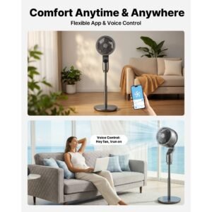9 inch pedestal fan, 80° oscillating standing floor fan with quite dc motor, remote control, 9 speeds & 4 smart modes, 24h timer, adjustable height, for home, bedroom, living room, silver gray
