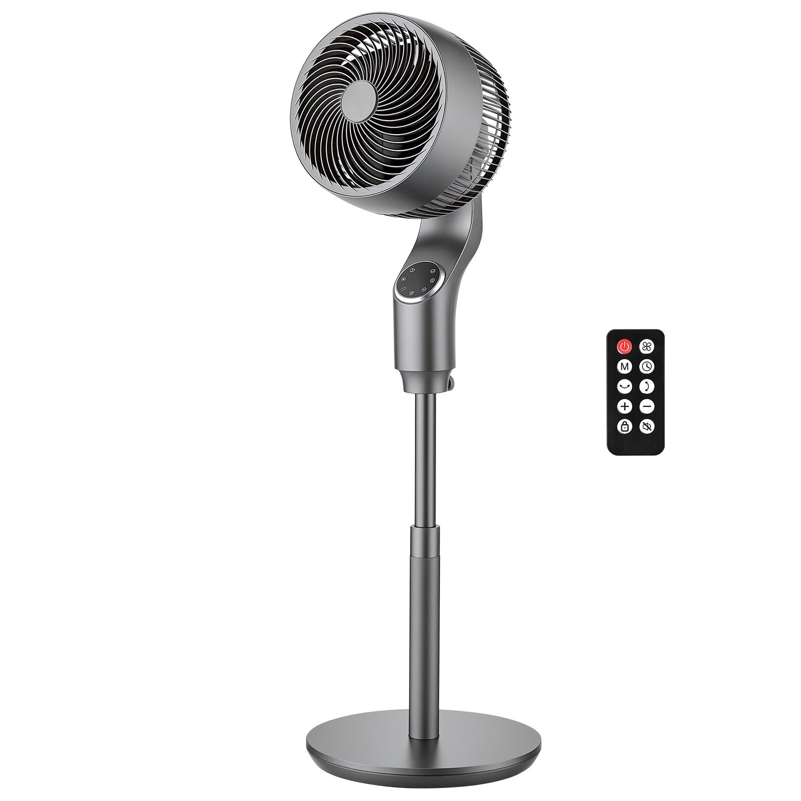 9 inch pedestal fan, 80° oscillating standing floor fan with quite dc motor, remote control, 9 speeds & 4 smart modes, 24h timer, adjustable height, for home, bedroom, living room, silver gray