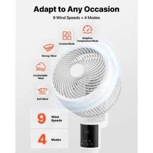 9 inch pedestal fan, 80° oscillating standing floor fan with quite dc motor, remote control, 9 speeds & 4 smart modes, 24h timer, adjustable height, for home, bedroom, living room, white