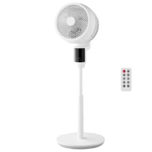 9-Inch Pedestal Fan, 80° Oscillating Standing Floor Fan with Quite DC Motor, Remote Control, 9 Speeds & 4 Smart Modes, 24H Timer, Adjustable Height, for Home, Bedroom, Living Room, White
