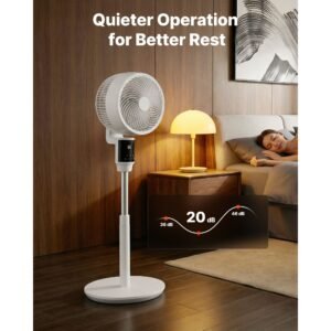 9 inch pedestal fan, 80° oscillating standing floor fan with quite dc motor, remote control, 9 speeds & 4 smart modes, 24h timer, adjustable height, for home, bedroom, living room, white