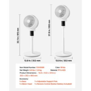 9 inch pedestal fan, 80° oscillating standing floor fan with quite dc motor, remote control, 9 speeds & 4 smart modes, 24h timer, adjustable height, for home, bedroom, living room, white