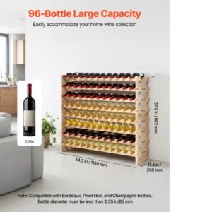 96 bottle stackable modular wine rack, 8 tier wine bottle holder,solid wood floor freestanding wine storage rack for pinot noir bottles,for kitchen, cellar, and bar, natural