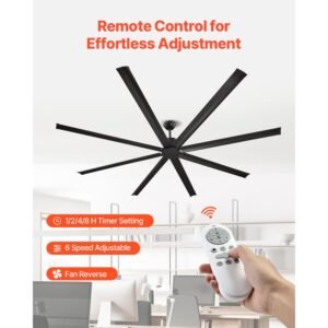 96 in ceiling fan without light, 6 speed remote control, aluminum 8 blade, reversible dc motor, modern low profile flush mount exterior fan for bedroom, living room, patio, indoor/outdoor, black