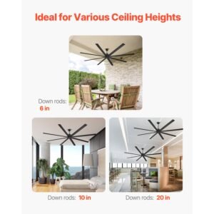 96 in ceiling fan without light, 6 speed remote control, aluminum 8 blade, reversible dc motor, modern low profile flush mount exterior fan for bedroom, living room, patio, indoor/outdoor, black