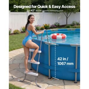 above ground pool ladder, 3 step steel a frame swimming pool stairs for 42 in high wall, 300 lbs capacity entry/exit steps with secure non slip sturdy wide step, easy setup, gray & white