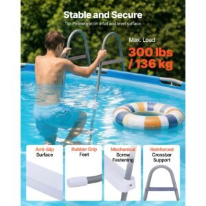 above ground pool ladder, 3 step steel a frame swimming pool stairs for 42 in high wall, 300 lbs capacity entry/exit steps with secure non slip sturdy wide step, easy setup, gray & white