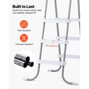 above ground pool ladder, 3 step steel a frame swimming pool stairs for 42 in high wall, 300 lbs capacity entry/exit steps with secure non slip sturdy wide step, easy setup, gray & white