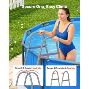 above ground pool ladder, 4 step steel a frame swimming pool stairs for 48 in high wall, 300 lbs capacity entry/exit steps with secure non slip sturdy wide step, easy setup, gray & white