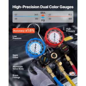ac manifold gauge set for r134a r404a r1234yf r22 refrigerant, 3 way ac gauge with 5 ft hoses, adapters, quick couplers, can taps for automotive air conditioning maintenance, charging evacuation