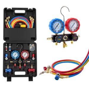 AC Manifold Gauge Set for R134a R404A R1234yf R22 Refrigerant, 3 Way AC Gauge with 5 ft Hoses, Adapters, Quick Couplers, Can Taps for Automotive Air Conditioning Maintenance, Charging Evacuation