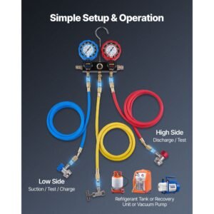 ac manifold gauge set for r134a r404a r1234yf r22 refrigerant, 3 way ac gauge with 5 ft hoses, adapters, quick couplers, can taps for automotive air conditioning maintenance, charging evacuation