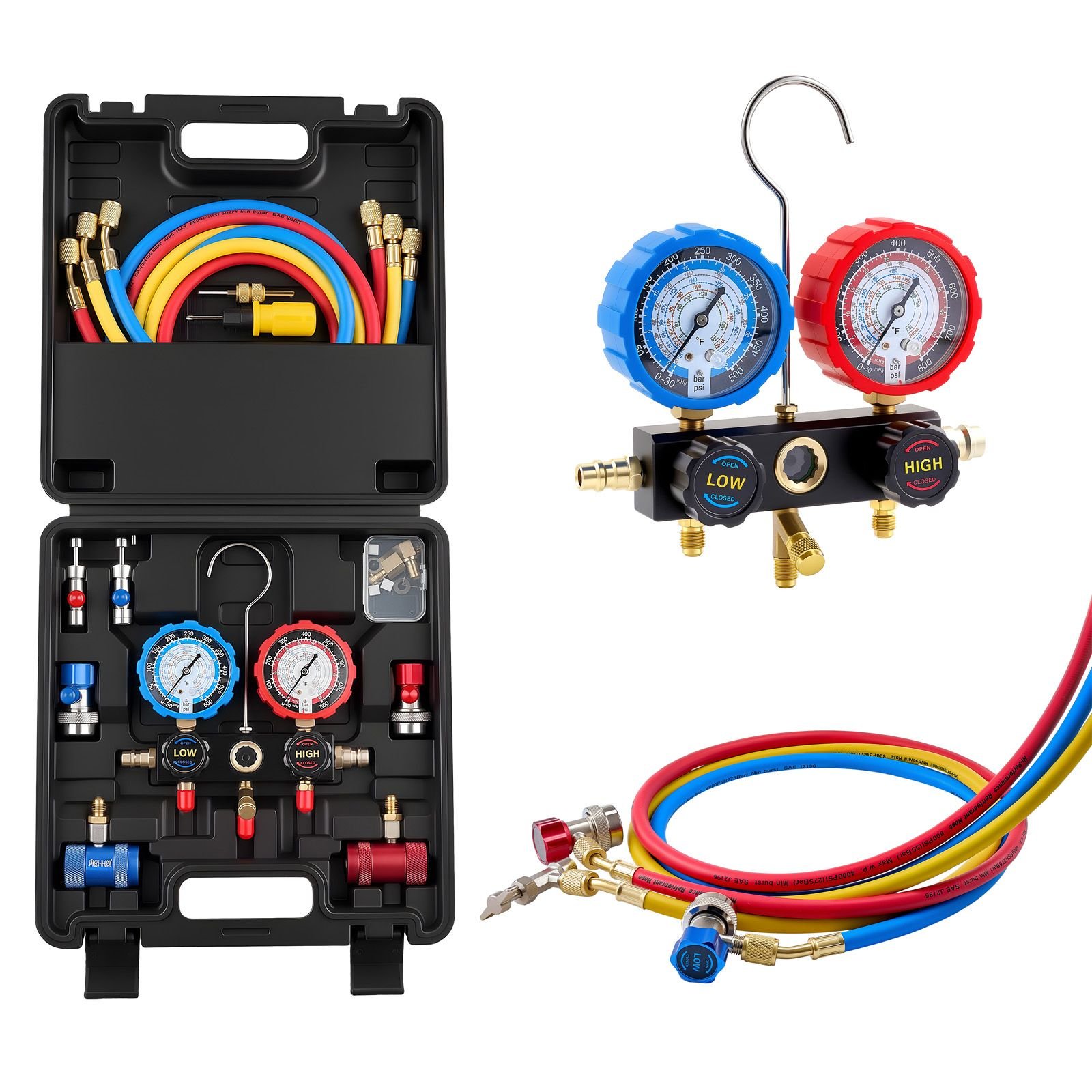 ac manifold gauge set for r134a r404a r1234yf r22 refrigerant, 3 way ac gauge with 5 ft hoses, adapters, quick couplers, can taps for automotive air conditioning maintenance, charging evacuation