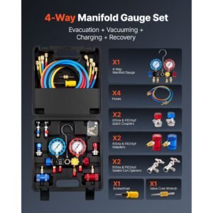 ac manifold gauge set for r134a r404a r1234yf r22 refrigerant, 4 way ac gauge with 5 ft hoses, adapters, quick couplers, can taps for automotive air conditioning maintenance, charging evacuation