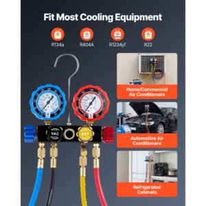 ac manifold gauge set for r134a r404a r1234yf r22 refrigerant, 4 way ac gauge with 5 ft hoses, adapters, quick couplers, can taps for automotive air conditioning maintenance, charging evacuation