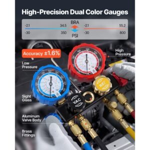 ac manifold gauge set for r134a r404a r1234yf r22 refrigerant, 4 way ac gauge with 5 ft hoses, adapters, quick couplers, can taps for automotive air conditioning maintenance, charging evacuation