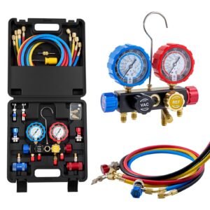 AC Manifold Gauge Set for R134a R404A R1234yf R22 Refrigerant, 4 Way AC Gauge with 5 ft Hoses, Adapters, Quick Couplers, Can Taps for Automotive Air Conditioning Maintenance, Charging Evacuation
