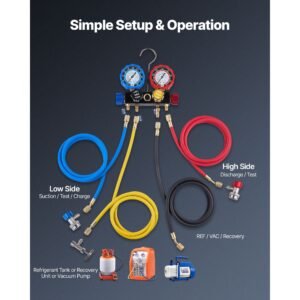 ac manifold gauge set for r134a r404a r1234yf r22 refrigerant, 4 way ac gauge with 5 ft hoses, adapters, quick couplers, can taps for automotive air conditioning maintenance, charging evacuation