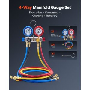 ac manifold gauge set for r22 r404a r410a r12 refrigerants, 4 way ac gauges with 5 ft hoses for automotive & household air conditioning maintenance, evacuation vacuuming charging and recovery