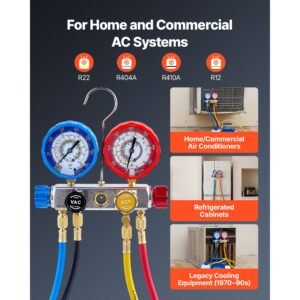 ac manifold gauge set for r22 r404a r410a r12 refrigerants, 4 way ac gauges with 5 ft hoses for automotive & household air conditioning maintenance, evacuation vacuuming charging and recovery