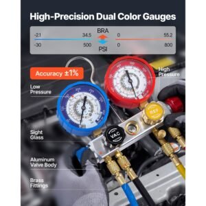ac manifold gauge set for r22 r404a r410a r12 refrigerants, 4 way ac gauges with 5 ft hoses for automotive & household air conditioning maintenance, evacuation vacuuming charging and recovery