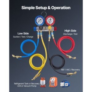 ac manifold gauge set for r22 r404a r410a r12 refrigerants, 4 way ac gauges with 5 ft hoses for automotive & household air conditioning maintenance, evacuation vacuuming charging and recovery