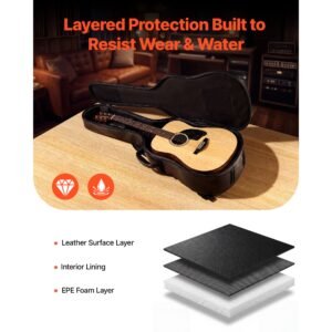 acoustic guitar hard case, 47.1 inch, hard shell protective travel carrying case with accessory compartment, foam padding, portable handle, shoulder straps, for 41 inch acoustic guitars, black