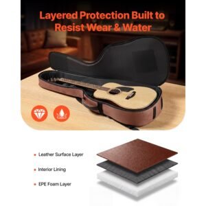 acoustic guitar hard case, 47.1 inch, hard shell protective travel carrying case with accessory compartment, foam padding, portable handle, shoulder straps, for 41 inch acoustic guitars, brown