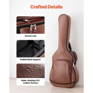 acoustic guitar hard case, 47.1 inch, hard shell protective travel carrying case with accessory compartment, foam padding, portable handle, shoulder straps, for 41 inch acoustic guitars, brown