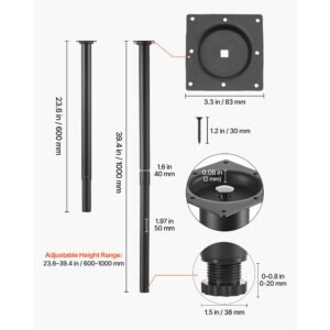 adjustable table legs, 24 40 in round steel furniture legs, 1200 lbs max load heavy duty, quick installation, ideal for home office desk diy, coffee dinner bar tables, workbenches, 4 pcs, black