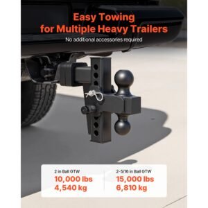 adjustable trailer hitch, fit 2 inch receiver, trailer hitch mount with 2 inch & 2 5/16 inch balls, 15000 lbs gtw, 6 inch drop, towing ball mounts for rvs, off road vehicles and trucks, black