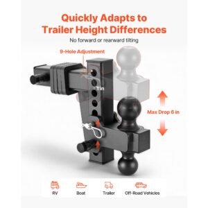 adjustable trailer hitch, fit 2 inch receiver, trailer hitch mount with 2 inch & 2 5/16 inch balls, 15000 lbs gtw, 6 inch drop, towing ball mounts for rvs, off road vehicles and trucks, black