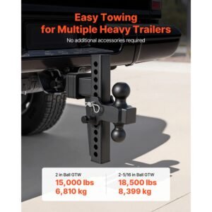 adjustable trailer hitch, fit 2.5 inch receiver, trailer hitch mount with 2 inch & 2 5/16 inch balls, 18500 lbs gtw, 10 inch drop, towing ball mounts for rvs, off road vehicles and trucks, black