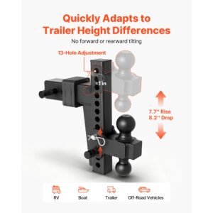 adjustable trailer hitch, fit 2.5 inch receiver, trailer hitch mount with 2 inch & 2 5/16 inch balls, 18500 lbs gtw, 10 inch drop, towing ball mounts for rvs, off road vehicles and trucks, black