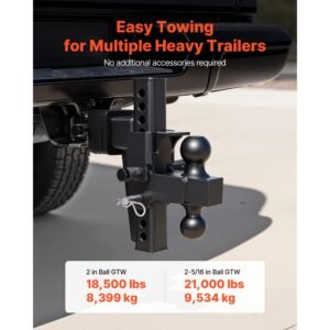 adjustable trailer hitch, fit 2.5 inch receiver, trailer hitch mount with 2 inch & 2 5/16 inch balls, 21000 lbs gtw, 9 inch drop, towing ball mounts for rvs, off road vehicles and trucks, black