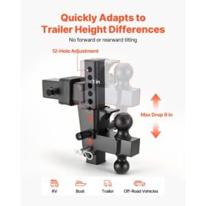 adjustable trailer hitch, fit 2.5 inch receiver, trailer hitch mount with 2 inch & 2 5/16 inch balls, 21000 lbs gtw, 9 inch drop, towing ball mounts for rvs, off road vehicles and trucks, black