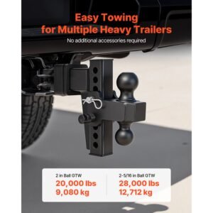 adjustable trailer hitch, fit 2.5 inch receiver, trailer hitch mount with 2 inch & 2 5/16 inch balls, 28000 lbs gtw, 6 inch drop, towing ball mounts for rvs, off road vehicles and trucks, black