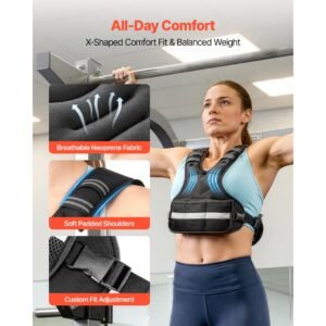 adjustable weighted vest, 20 32 lbs comfortable x shape body weight vest set with 6 weight packs and reflective stripe, for men women, workout equipment for strength training running jogging