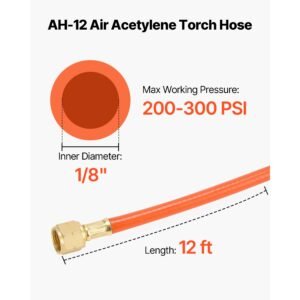 air acetylene torch hose, 1/8 inch x 12ft acetylene welding hose with 9/16" lh b type fittings, ah 12 r grade welding torch hoses compatible with ar b/ar mc regulators