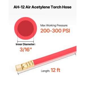 air acetylene torch hose, 3/16 inch x 12ft acetylene welding hose with 3/8" 24 lh a type fittings, ah 12 r grade welding torchs hose compatible with ar b/ar mc regulators