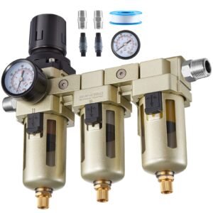 Air Compressor Filter Regulator, 3/8" NPT 3-Stage Air Compressor Water Separator with 5μm/1μm/0.01μm Micron Filter Elements, Semi Auto Drain Air-Drying System 145PSI Max Pressure, Poly Bowl