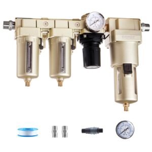 Air Compressor Filter Regulator Combo, 1/2" NPT 3-Stage 25μm & 5μm & 0.3μm Compressed Air Drying System with Micron Filters & Oil-Water Separator, Semi-Auto Drain, 175PSI Max Working Pressure