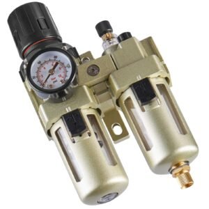 Air Compressor Filter Regulator Lubricator (FRL), 3/8" NPT Air Compressor Water Separator, Semi-Auto Drain Air-Drying System with 5μm Brass Filter Element, 145PSI Max Working Pressure, Poly Bowl