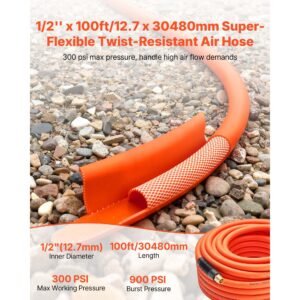 air hose, 1/2" x 100ft hybrid air hose, lightweight, kink resistant, pneumatic hoses with 1/2 inch solid brass male fitting, three layer hybrid material, 300 psi, all weather flexibility, orange