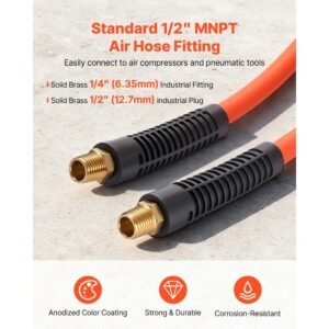 air hose, 1/2" x 100ft hybrid air hose, lightweight, kink resistant, pneumatic hoses with 1/2 inch solid brass male fitting, three layer hybrid material, 300 psi, all weather flexibility, orange