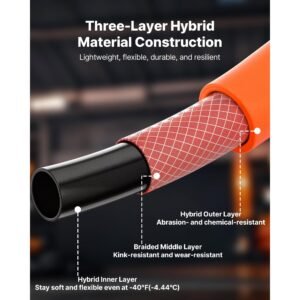 air hose, 1/2" x 100ft hybrid air hose, lightweight, kink resistant, pneumatic hoses with 1/2 inch solid brass male fitting, three layer hybrid material, 300 psi, all weather flexibility, orange